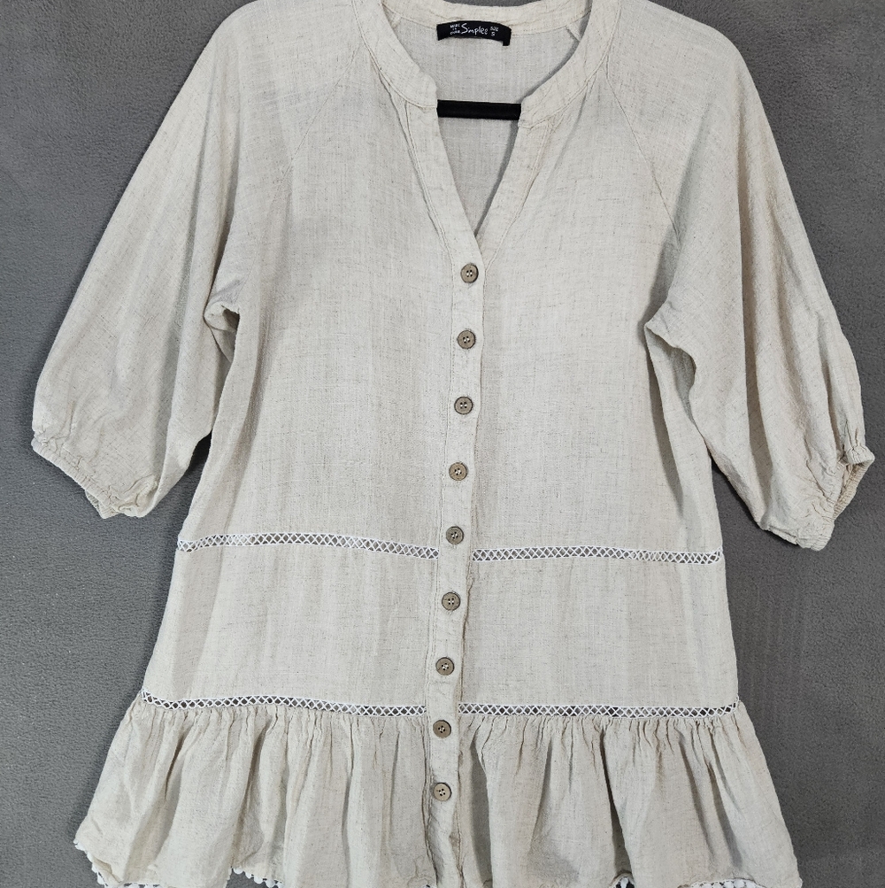 Simplee Womens Small Tunic Button Up Shirt Lagenlook Beige 3/4 Sleeve